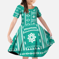 Fiji Masi All Teal Family Matching Mermaid Dress and Hawaiian Shirt Tapa Pattern - Polynesian Pride