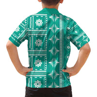Fiji Masi All Teal Family Matching Off Shoulder Maxi Dress and Hawaiian Shirt Tapa Pattern - Polynesian Pride
