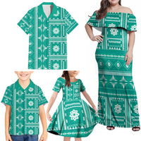 Fiji Masi All Teal Family Matching Off Shoulder Maxi Dress and Hawaiian Shirt Tapa Pattern - Polynesian Pride