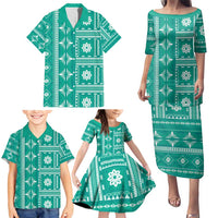 Fiji Masi All Teal Family Matching Puletasi and Hawaiian Shirt Tapa Pattern - Polynesian Pride