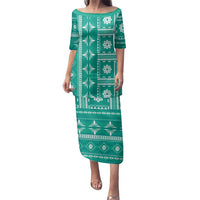 Fiji Masi All Teal Family Matching Puletasi and Hawaiian Shirt Tapa Pattern - Polynesian Pride