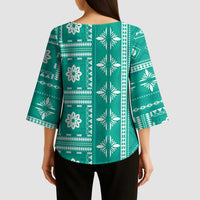 Fiji Masi All Teal Kimono Sleeve Blouse Tapa Pattern - Polynesian Pride