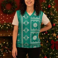 Fiji Masi All Teal Christmas Knitted V-Neck Vest Tapa Pattern - Polynesian Pride