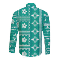 Fiji Masi All Teal Long Sleeve Button Shirt Tapa Pattern - Polynesian Pride