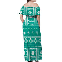 Fiji Masi All Teal Off Shoulder Maxi Dress Tapa Pattern - Polynesian Pride