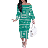 Fiji Masi All Teal Off The Shoulder Long Sleeve Dress Tapa Pattern - Polynesian Pride
