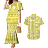 Fiji Masi All Yellow Couples Matching Mermaid Dress and Hawaiian Shirt Tapa Pattern - Polynesian Pride