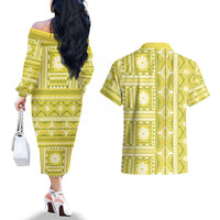 Fiji Masi All Yellow Couples Matching Off The Shoulder Long Sleeve Dress and Hawaiian Shirt Tapa Pattern - Polynesian Pride