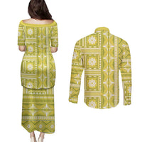 Fiji Masi All Yellow Couples Matching Puletasi and Long Sleeve Button Shirt Tapa Pattern - Polynesian Pride