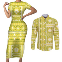 Fiji Masi All Yellow Couples Matching Short Sleeve Bodycon Dress and Long Sleeve Button Shirt Tapa Pattern - Polynesian Pride