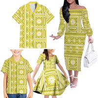 Fiji Masi All Yellow Family Matching Off The Shoulder Long Sleeve Dress and Hawaiian Shirt Tapa Pattern - Polynesian Pride