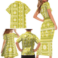 Fiji Masi All Yellow Family Matching Short Sleeve Bodycon Dress and Hawaiian Shirt Tapa Pattern - Polynesian Pride