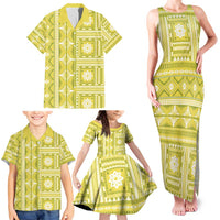 Fiji Masi All Yellow Family Matching Tank Maxi Dress and Hawaiian Shirt Tapa Pattern - Polynesian Pride