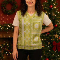 Fiji Masi All Yellow Christmas Knitted V-Neck Vest Tapa Pattern - Polynesian Pride