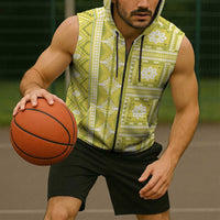 Fiji Masi All Yellow Sleeveless Zip Hoodie Tapa Pattern - Polynesian Pride