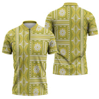 Fiji Masi All Yellow Zipper Polo Shirt Tapa Pattern - Polynesian Pride