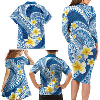 Plumeria Polynesian Blue Glitter Pattern Family Matching Long Sleeve Bodycon Dress and Hawaiian Shirt LT01 - Polynesian Pride