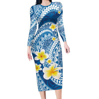 Plumeria Polynesian Blue Glitter Pattern Family Matching Long Sleeve Bodycon Dress and Hawaiian Shirt LT01 Mom's Dress Blue - Polynesian Pride