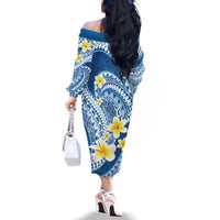 Plumeria Polynesian Blue Glitter Pattern Family Matching Off The Shoulder Long Sleeve Dress and Hawaiian Shirt
