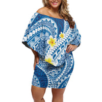 Plumeria Polynesian Blue Glitter Pattern Family Matching Off Shoulder Short Dress and Hawaiian Shirt LT01 Mom's Dress Blue - Polynesian Pride