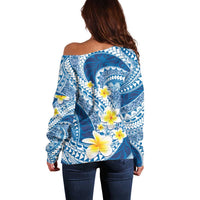 Plumeria Polynesian Blue Glitter Pattern Off Shoulder Sweater LT01 - Polynesian Pride