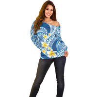 Plumeria Polynesian Blue Glitter Pattern Off Shoulder Sweater LT01 - Polynesian Pride