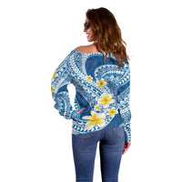 Plumeria Polynesian Blue Glitter Pattern Off Shoulder Sweater LT01 - Polynesian Pride