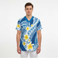 Plumeria Polynesian Blue Glitter Pattern Scrub Top - Polynesian Pride