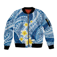 Plumeria Polynesian Blue Glitter Pattern Sleeve Zip Bomber Jacket