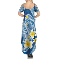 Plumeria Polynesian Blue Glitter Pattern Summer Maxi Dress