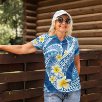 Plumeria Polynesian Blue Glitter Pattern Women Polo Shirt