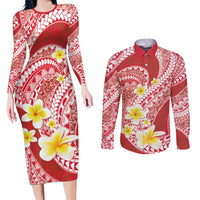 Plumeria Polynesian Coral Glitter Pattern Couples Matching Long Sleeve Bodycon Dress and Long Sleeve Button Shirt