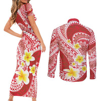 Plumeria Polynesian Coral Glitter Pattern Couples Matching Short Sleeve Bodycon Dress and Long Sleeve Button Shirt