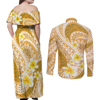 Plumeria Polynesian Gold Glitter Pattern Couples Matching Off Shoulder Maxi Dress and Long Sleeve Button Shirt