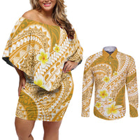 Plumeria Polynesian Gold Glitter Pattern Couples Matching Off Shoulder Short Dress and Long Sleeve Button Shirt LT01 Gold - Polynesian Pride