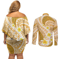 Plumeria Polynesian Gold Glitter Pattern Couples Matching Off Shoulder Short Dress and Long Sleeve Button Shirt LT01 - Polynesian Pride