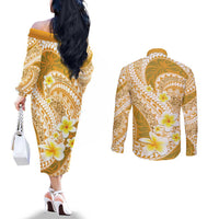 Plumeria Polynesian Gold Glitter Pattern Couples Matching Off The Shoulder Long Sleeve Dress and Long Sleeve Button Shirt