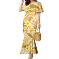 Plumeria Polynesian Gold Glitter Pattern Family Matching Mermaid Dress and Hawaiian Shirt LT01 Mom's Dress Gold - Polynesian Pride
