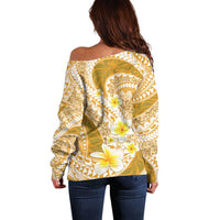 Plumeria Polynesian Gold Glitter Pattern Off Shoulder Sweater