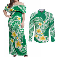 Plumeria Polynesian Green Glitter Pattern Couples Matching Off Shoulder Maxi Dress and Long Sleeve Button Shirt