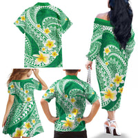 Plumeria Polynesian Green Glitter Pattern Family Matching Off The Shoulder Long Sleeve Dress and Hawaiian Shirt