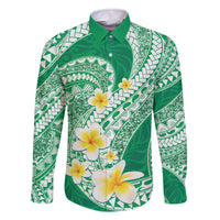 Plumeria Polynesian Green Glitter Pattern Family Matching Off The Shoulder Long Sleeve Dress and Hawaiian Shirt