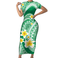 Plumeria Polynesian Green Glitter Pattern Family Matching Short Sleeve Bodycon Dress and Hawaiian Shirt LT01 Mom's Dress Green - Polynesian Pride