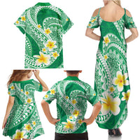 Plumeria Polynesian Green Glitter Pattern Family Matching Summer Maxi Dress and Hawaiian Shirt LT01 - Polynesian Pride