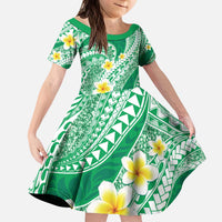 Plumeria Polynesian Green Glitter Pattern Kid Short Sleeve Dress