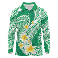 Plumeria Polynesian Green Glitter Pattern Long Sleeve Polo Shirt LT01 Green - Polynesian Pride