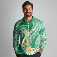 Plumeria Polynesian Green Glitter Pattern Long Sleeve Polo Shirt LT01 - Polynesian Pride