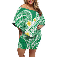 Plumeria Polynesian Green Glitter Pattern Off Shoulder Short Dress