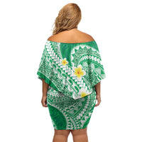 Plumeria Polynesian Green Glitter Pattern Off Shoulder Short Dress