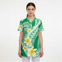 Plumeria Polynesian Green Glitter Pattern Scrub Top - Polynesian Pride